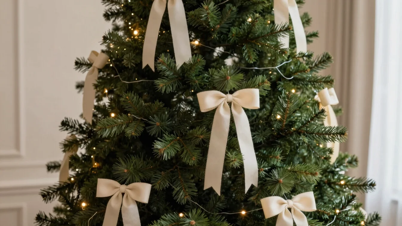 Close detail of a decorated Christmas tree with cream ribbons and