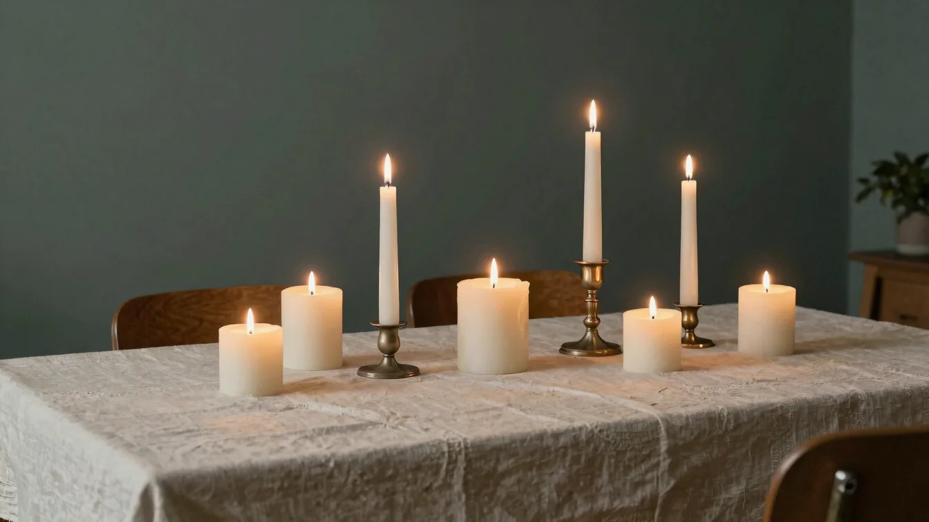 Velas de cera pura en candelabros bajos sobre una mesa de sobremesa, llama suave, textiles de lino crema, luz de inviern