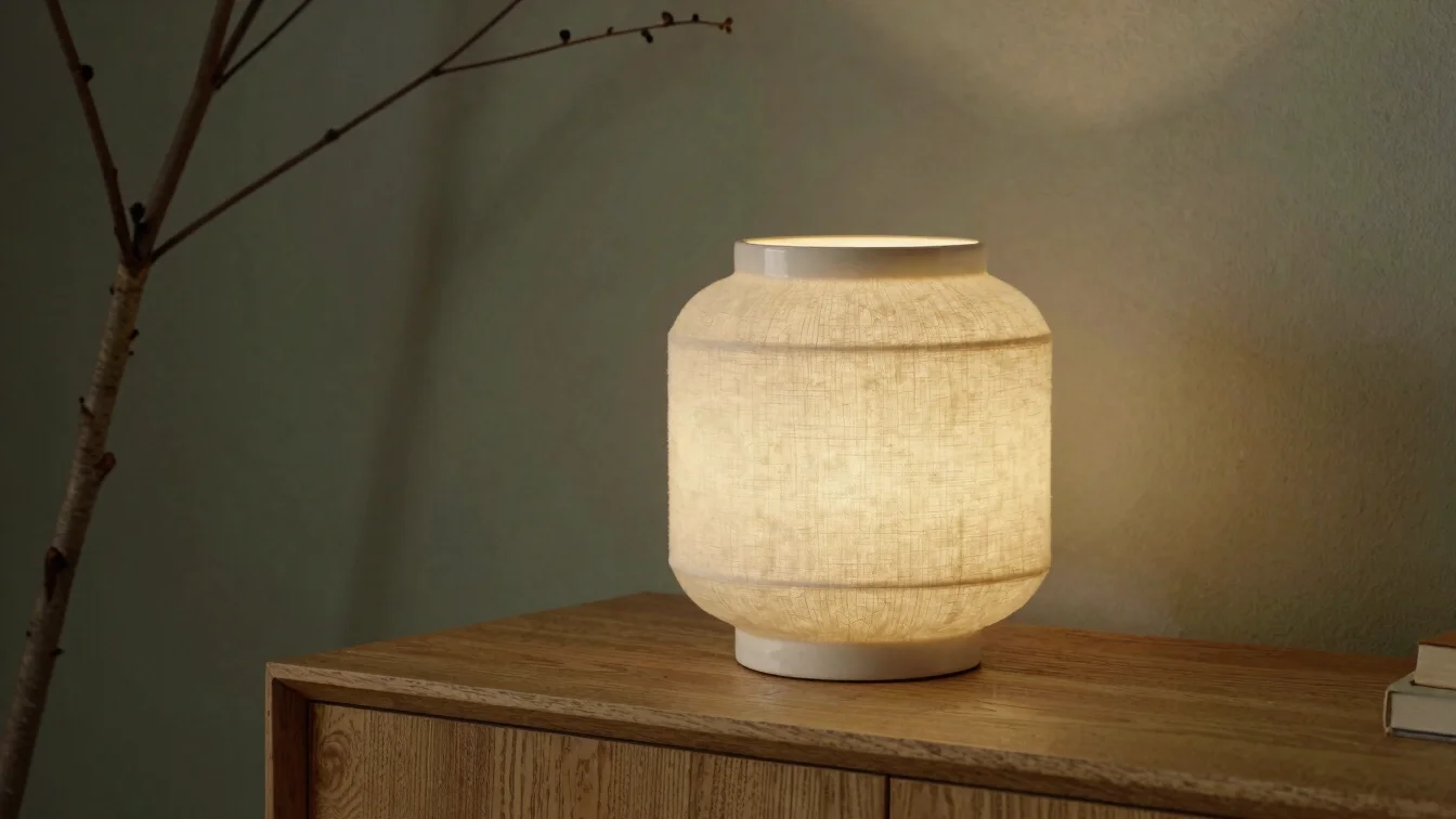 Lámpara de mesa de cerámica con pantalla de lino crema sobre una cómoda de madera, luz cálida, rama de abeto al fondo, l