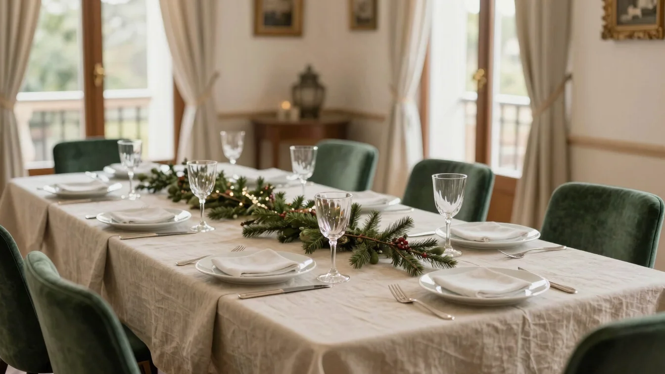 Vista cenital amplia de una mesa festiva de Navidad en un comedor