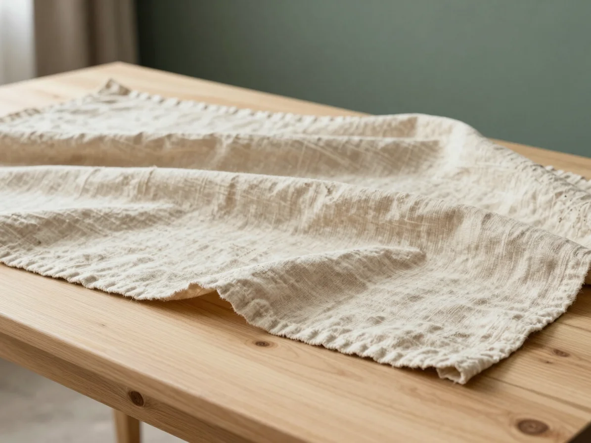 Detalle cenital de mantel de lino crudo con pliegues suaves sobre una mesa de madera clara, luz natural de invierno, ton
