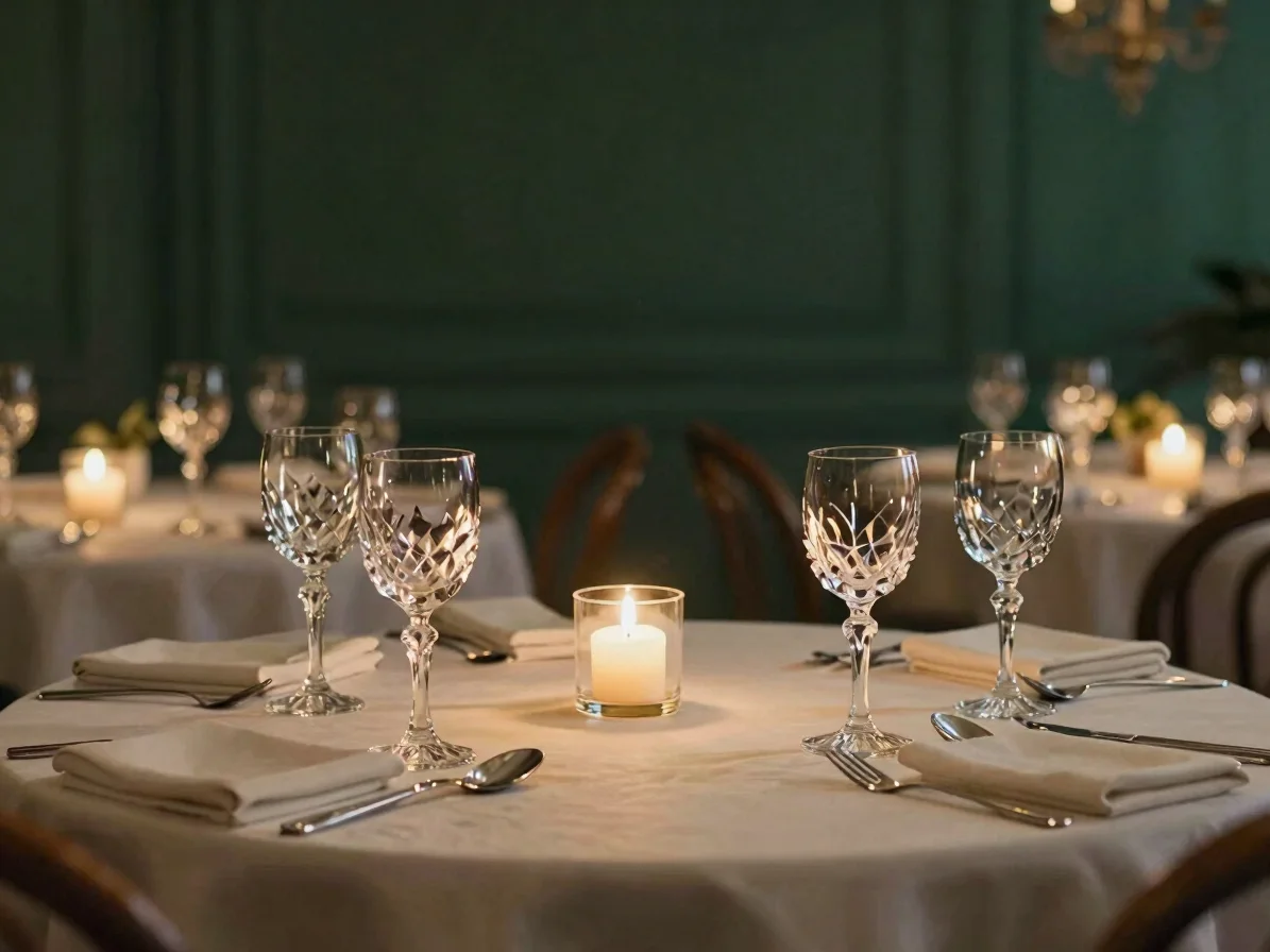 Copas de cristal soplado ligero sobre una mesa festiva con luz cálida de vela, fondo verde oscuro desenfocado, lente 35