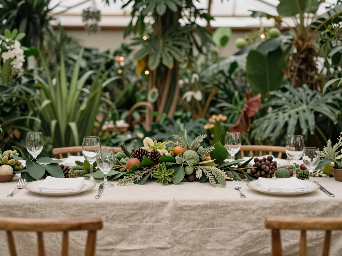 Centro botánico bajo de ramas verdes y bayas secas sobre una mesa festiva de lino, luz natural suave, tonos verde oscuro