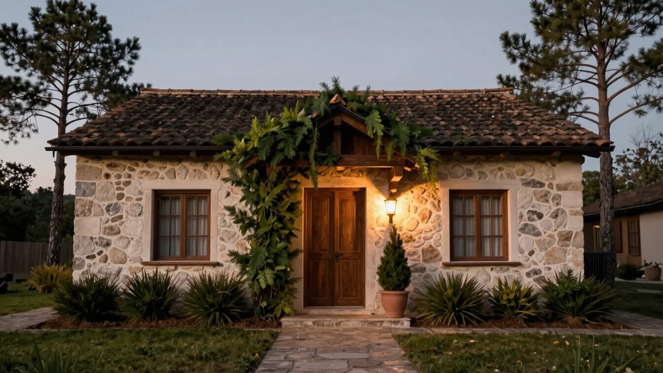 Fachada de una casa de piedra y madera en un atardecer de inviern