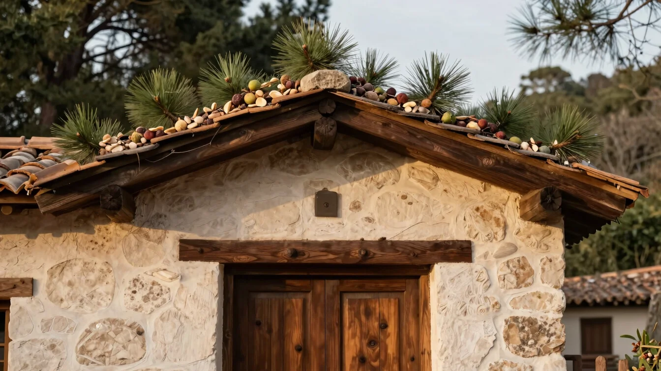 Puerta de madera oscura de una casa de piedra con una corona natural de pino y frutos secos, luz cálida de invierno, det