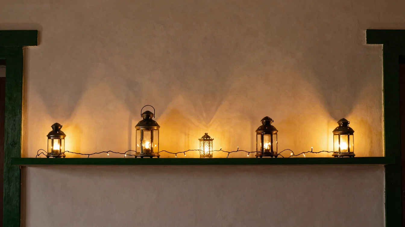 Warm fairy lights and small lanterns on a shelf in a Spanish home