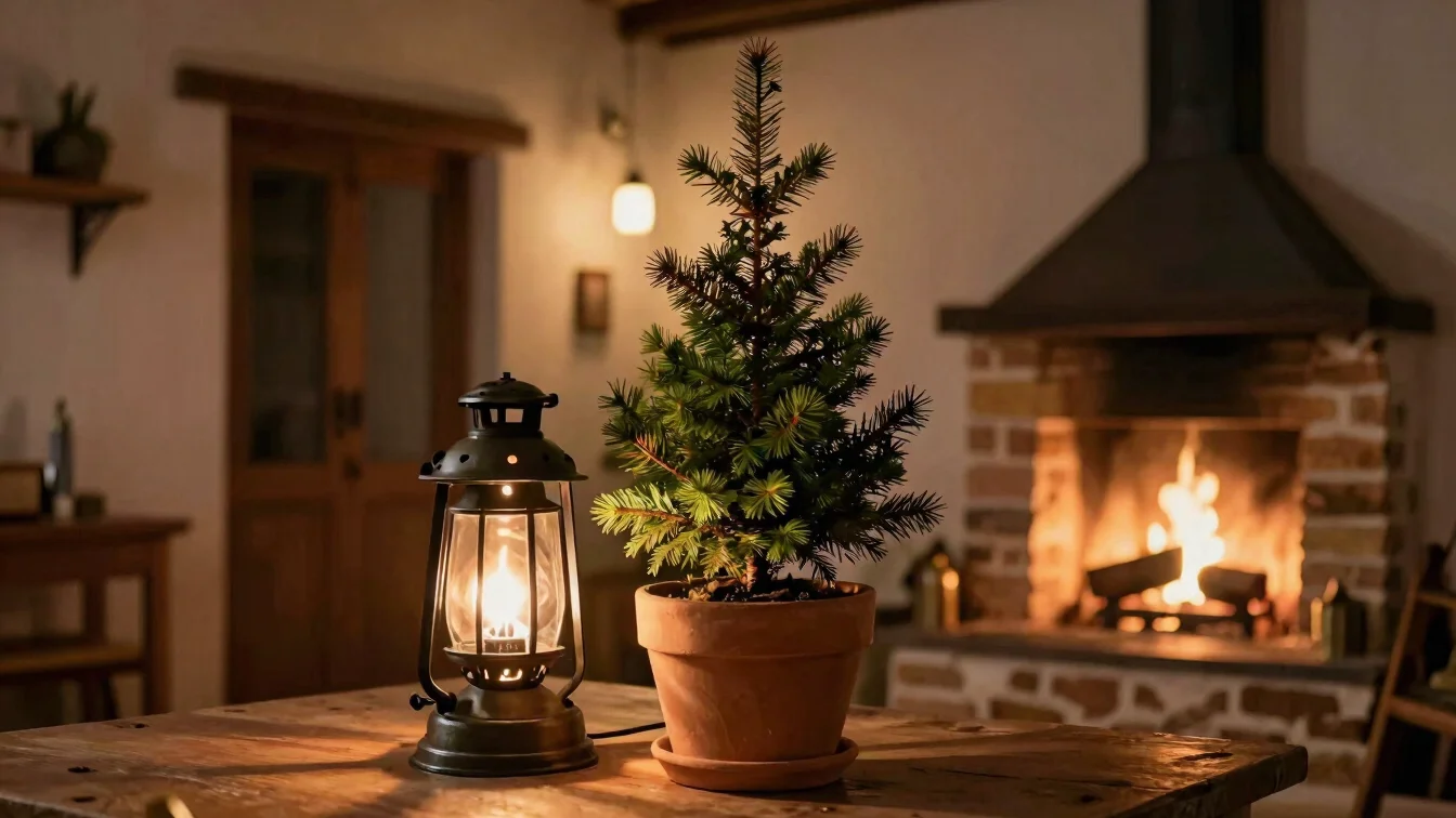 Porche de una casa tradicional con un farol metálico encendido, maceta de barro con conífera enana y ramas secas, luz cá