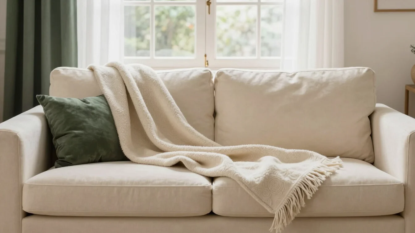 Salón cálido de invierno con una manta de lana doblada sobre un s