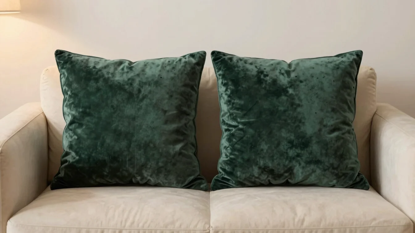 Cojín de terciopelo mate verde oscuro sobre un sofá crema, superficie que absorbe la luz, luz cálida de lámpara, encuadr