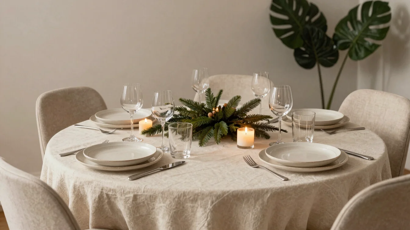 Festive dining table set with cream linen, ceramic plates and low