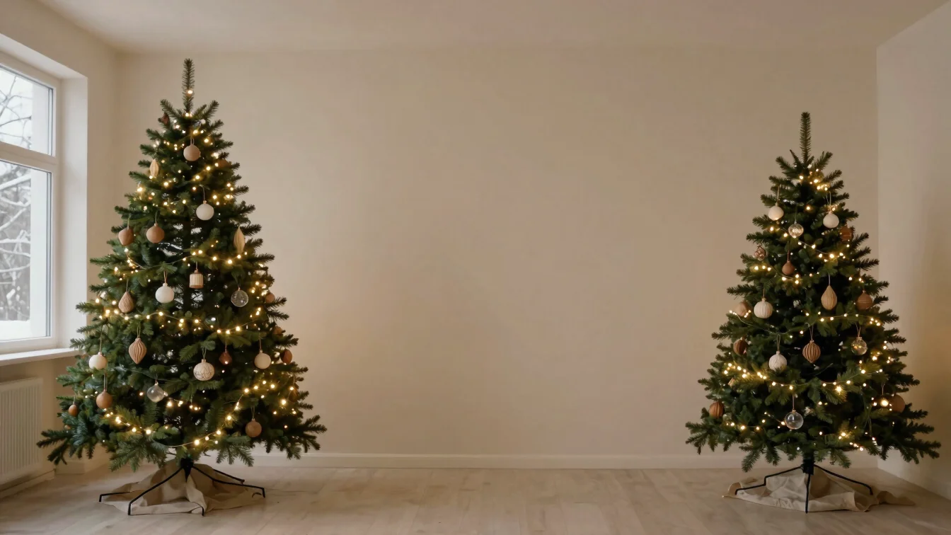 Wide panoramic interior at dusk, a decorated fir tree with warm w