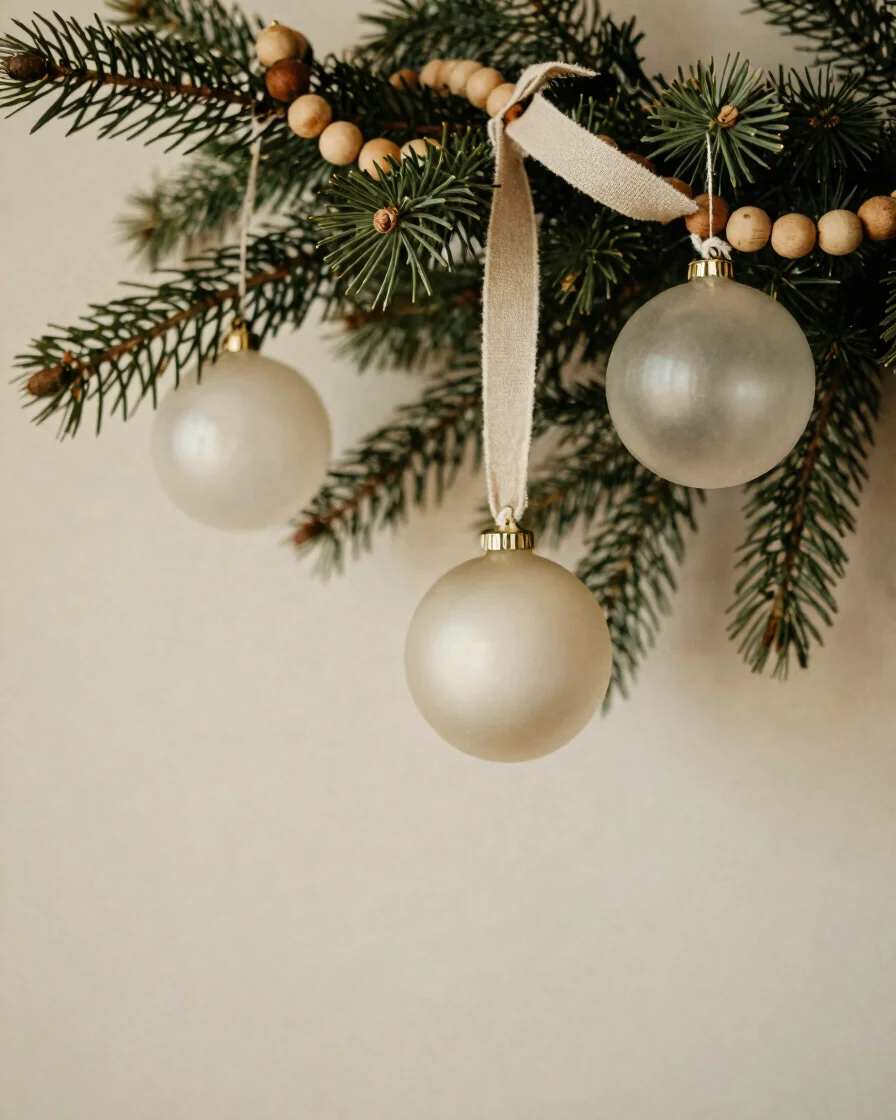 Close-up detail of a fir branch with hand-blown matte glass ornaments, a wooden bead garland and a linen ribbon, soft wa