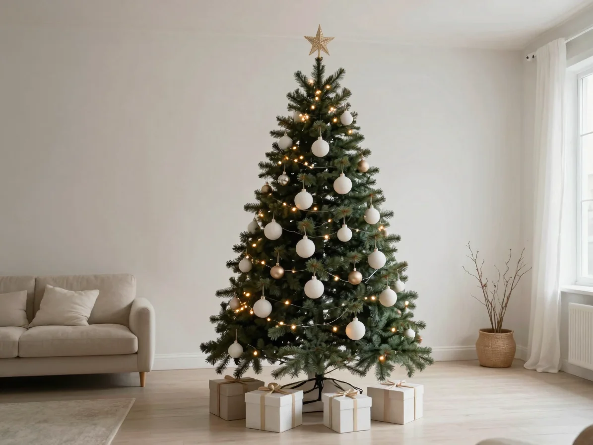 Minimal Nordic-style decorated tree in a bright living room, white warm lights, pale wood and matte ceramic ornaments, c