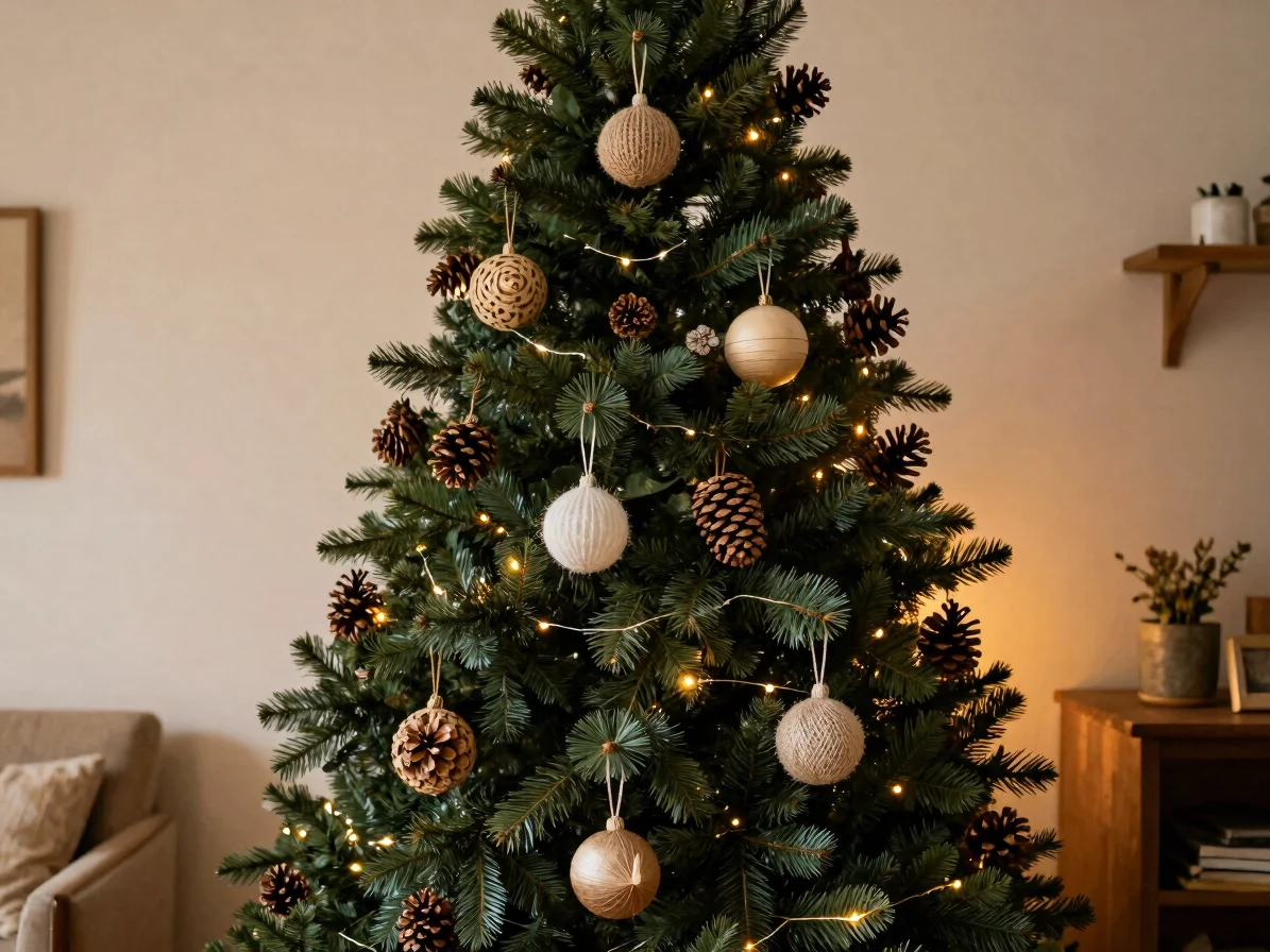 Rustic botanical Christmas tree with dried pinecones, natural fiber ornaments and dark green foliage, warm amber interio