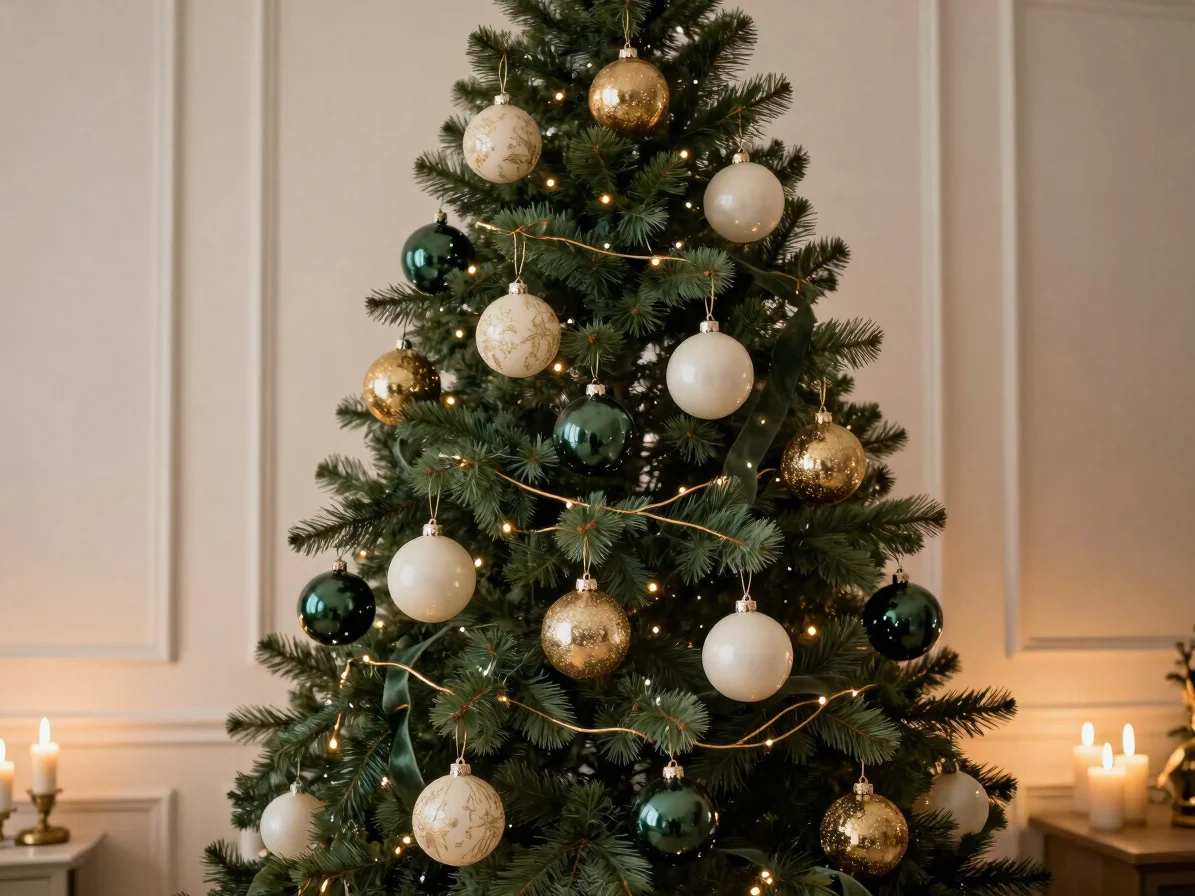 Classic but restrained Christmas tree with cream and deep green glass baubles, muted gold accents and velvet ribbon, ele