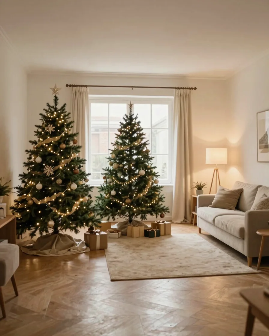 Wide editorial interior photograph of a warm Christmas living roo